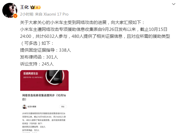 小米通报小米车主受网暴进展：6032人参与，480人提供相关证据